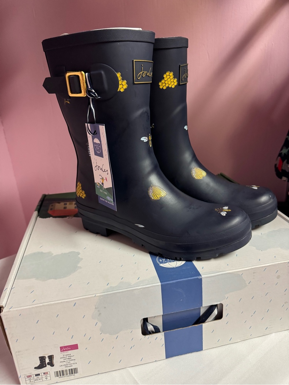 Joules Navy Rain Boots with Yellow Bee & Honeycomb Print